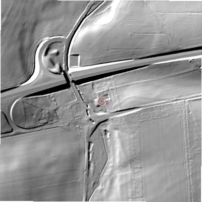 Shaded relief map of the ground around SP40EG, computed from Environment Agency LiDAR. The ground here sits at about 95 m above sea level and falls 21 m across the surrounding 800 m. Surface water reaching this point runs off ground lying to the east, 5.0 m higher.