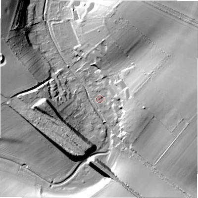 Shaded relief map of the ground around SP40HA, computed from Environment Agency LiDAR. The ground here sits at about 80 m above sea level and falls 24 m across the surrounding 800 m. Surface water reaching this point runs off ground lying to the north-east, 22.9 m higher.