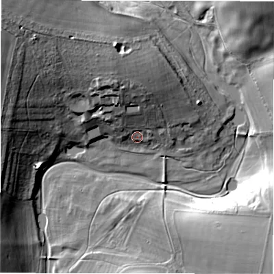 Shaded relief map of the ground around SP40HS, computed from Environment Agency LiDAR. The ground here sits at about 87 m above sea level and falls 25 m across the surrounding 800 m. Surface water reaching this point runs off ground lying to the north-north-west, 12.4 m higher.