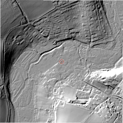 Shaded relief map of the ground around SP40LR, computed from Environment Agency LiDAR. The ground here sits at about 63 m above sea level and falls 30 m across the surrounding 800 m. Surface water reaching this point runs off ground lying to the south-east, 25.6 m higher.
