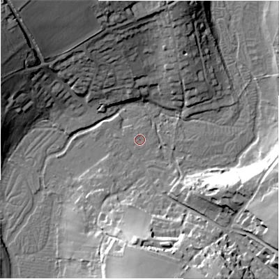 Shaded relief map of the ground around SP40LW, computed from Environment Agency LiDAR. The ground here sits at about 63 m above sea level and falls 30 m across the surrounding 800 m. Surface water reaching this point runs off ground lying to the south, 0.7 m higher.