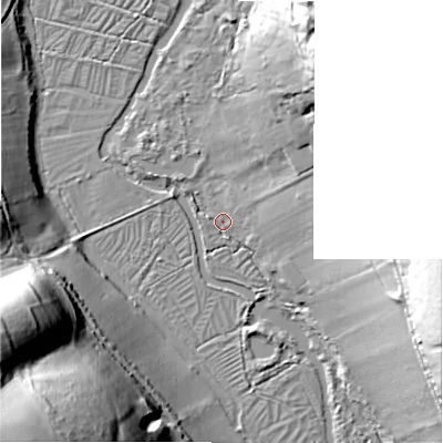 Shaded relief map of the ground around SP46AQ, computed from Environment Agency LiDAR. The ground here sits at about 52 m above sea level and falls 57 m across the surrounding 800 m. Surface water reaching this point runs off ground lying to the east, 3.8 m higher.