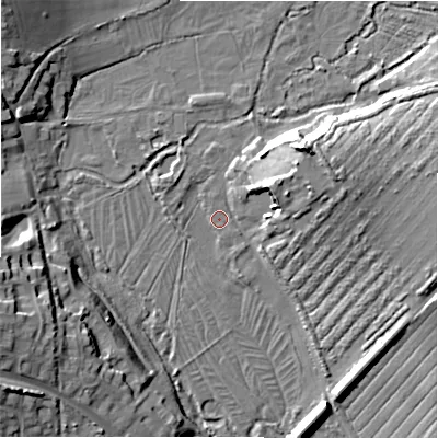 Shaded relief map of the ground around SP46DJ, computed from Environment Agency LiDAR. The ground here sits at about 52 m above sea level and falls 18 m across the surrounding 800 m. Surface water reaching this point runs off ground lying to the north, 0.8 m higher.