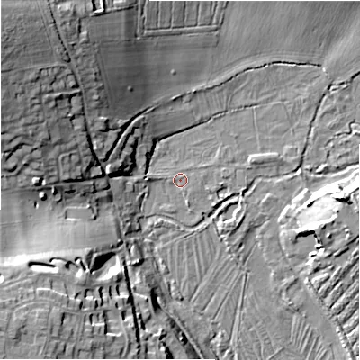 Shaded relief map of the ground around SP46DL, computed from Environment Agency LiDAR. The ground here sits at about 52 m above sea level and falls 20 m across the surrounding 800 m. Surface water reaching this point runs off ground lying to the north-west, 19.8 m higher.