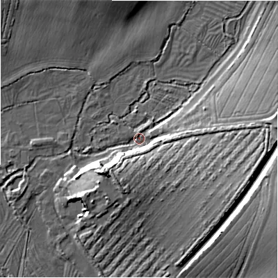 Shaded relief map of the ground around SP46DN, computed from Environment Agency LiDAR. The ground here sits at about 53 m above sea level and falls 20 m across the surrounding 800 m. Surface water reaching this point runs off ground lying to the east-south-east, 15.4 m higher.