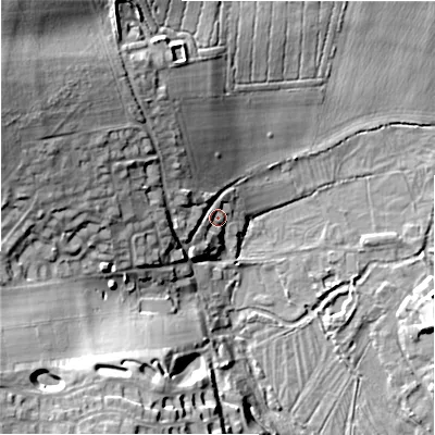 Shaded relief map of the ground around SP46DQ, computed from Environment Agency LiDAR. The ground here sits at about 55 m above sea level and falls 25 m across the surrounding 800 m. Surface water reaching this point runs off ground lying to the west-north-west, 4.7 m higher.