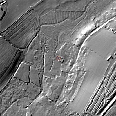 Shaded relief map of the ground around SP46ER, computed from Environment Agency LiDAR. The ground here sits at about 58 m above sea level and falls 24 m across the surrounding 800 m. Surface water reaching this point runs off ground lying to the east, 22.4 m higher.
