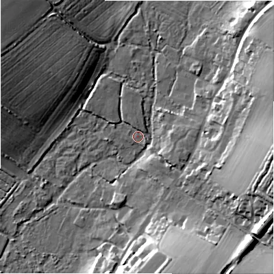 Shaded relief map of the ground around SP46ET, computed from Environment Agency LiDAR. The ground here sits at about 57 m above sea level and falls 19 m across the surrounding 800 m. Surface water reaching this point runs off ground lying to the north-west, 2.0 m higher.