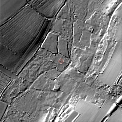 Shaded relief map of the ground around SP46EU, computed from Environment Agency LiDAR. The ground here sits at about 57 m above sea level and falls 19 m across the surrounding 800 m. Surface water reaching this point runs off ground lying to the west, 0.8 m higher.