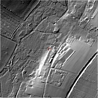 Shaded relief map of the ground around SP46HD, computed from Environment Agency LiDAR. The ground here sits at about 56 m above sea level and falls 23 m across the surrounding 800 m. Surface water reaching this point runs off ground lying to the south, 10.4 m higher.