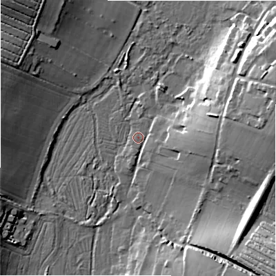 Shaded relief map of the ground around SP46HR, computed from Environment Agency LiDAR. The ground here sits at about 55 m above sea level and falls 20 m across the surrounding 800 m. Surface water reaching this point runs off ground lying to the east, 10.5 m higher.