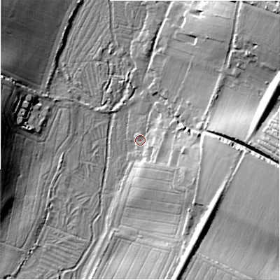 Shaded relief map of the ground around SP46HW, computed from Environment Agency LiDAR. The ground here sits at about 55 m above sea level and falls 19 m across the surrounding 800 m. Surface water reaching this point runs off ground lying to the east-south-east, 4.2 m higher.