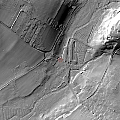 Shaded relief map of the ground around SP46JJ, computed from Environment Agency LiDAR. The ground here sits at about 60 m above sea level and falls 27 m across the surrounding 800 m. Surface water reaching this point runs off ground lying to the north-west, 23.7 m higher.