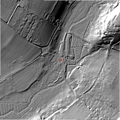 Shaded relief map of the ground around SP46JQ, computed from Environment Agency LiDAR. The ground here sits at about 59 m above sea level and falls 27 m across the surrounding 800 m. Surface water reaching this point runs off ground lying to the north-west, 24.5 m higher.