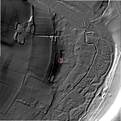 Shaded relief map of the ground around SP46NQ, computed from Environment Agency LiDAR. The ground here sits at about 55 m above sea level and falls 43 m across the surrounding 800 m. Surface water reaching this point runs off ground lying to the west-north-west, 16.7 m higher.
