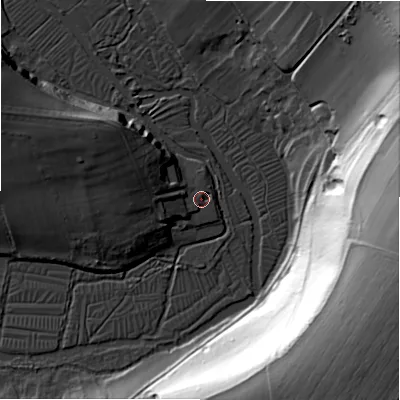 Shaded relief map of the ground around SP46NT, computed from Environment Agency LiDAR. The ground here sits at about 59 m above sea level and falls 63 m across the surrounding 800 m. Surface water reaching this point runs off ground lying to the north-west, 11.7 m higher.