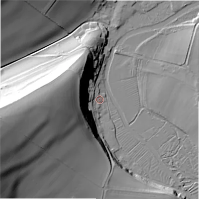 Shaded relief map of the ground around SP46NU, computed from Environment Agency LiDAR. The ground here sits at about 59 m above sea level and falls 55 m across the surrounding 800 m. Surface water reaching this point runs off ground lying to the west, 46.4 m higher.