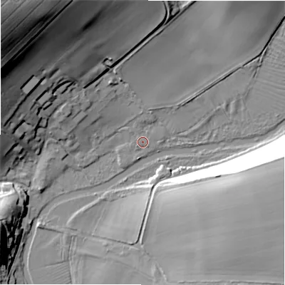 Shaded relief map of the ground around SP46PB, computed from Environment Agency LiDAR. The ground here sits at about 59 m above sea level and falls 45 m across the surrounding 800 m. Surface water reaching this point runs off ground lying to the west-south-west, 0.9 m higher.