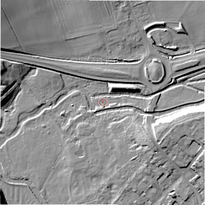 Shaded relief map of the ground around SP47AP, computed from Environment Agency LiDAR. The ground here sits at about 69 m above sea level and falls 17 m across the surrounding 800 m. Surface water reaching this point runs off ground lying to the east, 3.2 m higher.