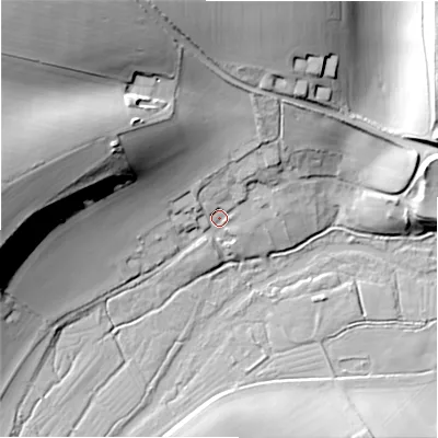 Shaded relief map of the ground around SP47BH, computed from Environment Agency LiDAR. The ground here sits at about 68 m above sea level and falls 43 m across the surrounding 800 m. Surface water reaching this point runs off ground lying to the north-west, 39.8 m higher.