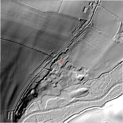 Shaded relief map of the ground around SP47BL, computed from Environment Agency LiDAR. The ground here sits at about 68 m above sea level and falls 49 m across the surrounding 800 m. Surface water reaching this point runs off ground lying to the north-west, 31.5 m higher.