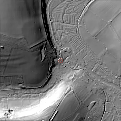 Shaded relief map of the ground around SP47BP, computed from Environment Agency LiDAR. The ground here sits at about 63 m above sea level and falls 48 m across the surrounding 800 m. Surface water reaching this point runs off ground lying to the west-north-west, 24.4 m higher.