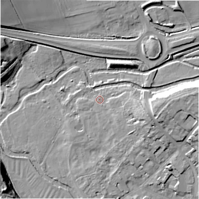 Shaded relief map of the ground around SP47EX, computed from Environment Agency LiDAR. The ground here sits at about 71 m above sea level and falls 18 m across the surrounding 800 m. Surface water reaching this point runs off ground lying to the east-south-east, 8.1 m higher.