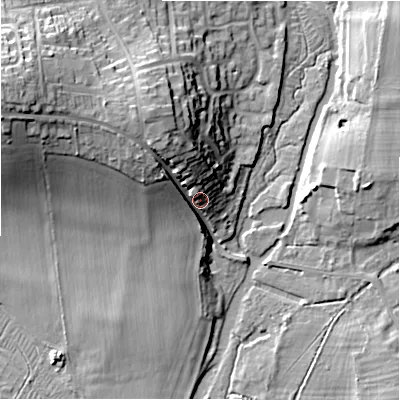 Shaded relief map of the ground around SP48DW, computed from Environment Agency LiDAR. The ground here sits at about 79 m above sea level and falls 24 m across the surrounding 800 m. Surface water reaching this point runs off ground lying to the north-west, 13.0 m higher.