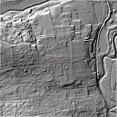 Shaded relief map of the ground around SP48HH, computed from Environment Agency LiDAR. The ground here sits at about 82 m above sea level and falls 17 m across the surrounding 800 m. Surface water reaching this point runs off ground lying to the west, 2.3 m higher.