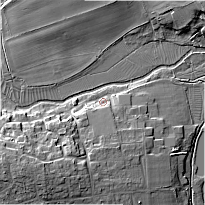 Shaded relief map of the ground around SP48HW, computed from Environment Agency LiDAR. The ground here sits at about 77 m above sea level and falls 17 m across the surrounding 800 m. Surface water reaching this point runs off ground lying to the south, 7.3 m higher.