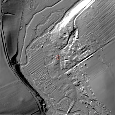 Shaded relief map of the ground around SP48JJ, computed from Environment Agency LiDAR. The ground here sits at about 81 m above sea level and falls 27 m across the surrounding 800 m. Surface water reaching this point runs off ground lying to the east-north-east, 17.4 m higher.