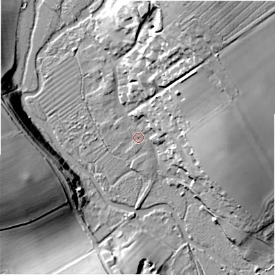 Shaded relief map of the ground around SP48JT, computed from Environment Agency LiDAR. The ground here sits at about 79 m above sea level and falls 26 m across the surrounding 800 m. Surface water reaching this point runs off ground lying to the east-north-east, 5.2 m higher.