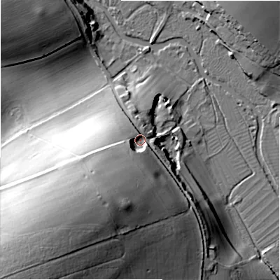 Shaded relief map of the ground around SP48LF, computed from Environment Agency LiDAR. The ground here sits at about 90 m above sea level and falls 42 m across the surrounding 800 m. Surface water reaching this point runs off ground lying to the south-west, 27.4 m higher.