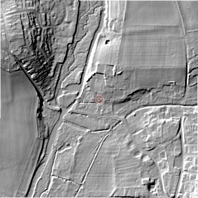 Shaded relief map of the ground around SP49DB, computed from Environment Agency LiDAR. The ground here sits at about 73 m above sea level and falls 19 m across the surrounding 800 m. Surface water reaching this point runs off ground lying to the north-north-east, 5.6 m higher.