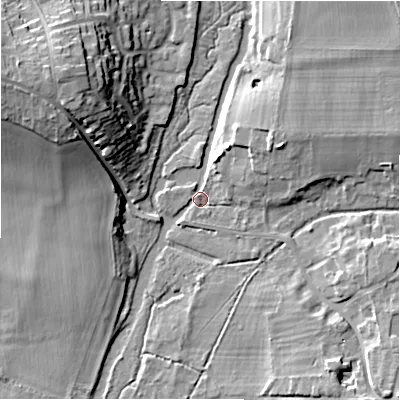 Shaded relief map of the ground around SP49DP, computed from Environment Agency LiDAR. The ground here sits at about 72 m above sea level and falls 19 m across the surrounding 800 m. Surface water reaching this point runs off ground lying to the north-east, 7.1 m higher.
