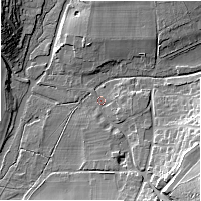 Shaded relief map of the ground around SP49DR, computed from Environment Agency LiDAR. The ground here sits at about 73 m above sea level and falls 25 m across the surrounding 800 m. Surface water reaching this point runs off ground lying to the east-south-east, 4.2 m higher.