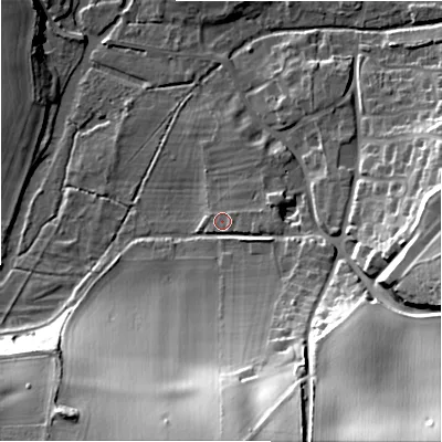 Shaded relief map of the ground around SP49DY, computed from Environment Agency LiDAR. The ground here sits at about 75 m above sea level and falls 39 m across the surrounding 800 m. Surface water reaching this point runs off ground lying to the south-east, 8.7 m higher.
