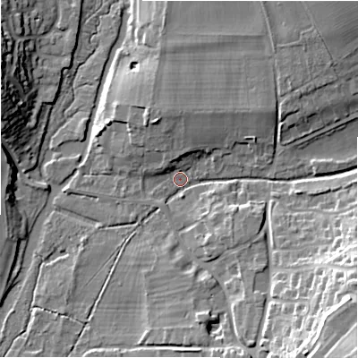 Shaded relief map of the ground around SP49DZ, computed from Environment Agency LiDAR. The ground here sits at about 73 m above sea level and falls 23 m across the surrounding 800 m. Surface water reaching this point runs off ground lying to the south-east, 21.2 m higher.