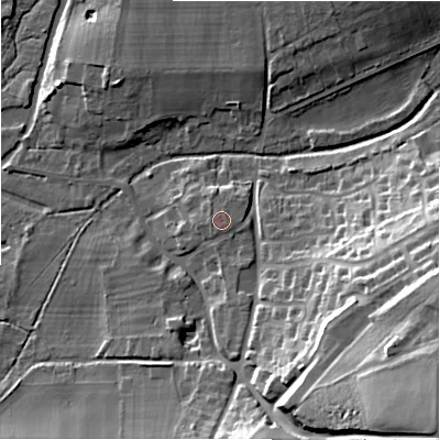 Shaded relief map of the ground around SP49EA, computed from Environment Agency LiDAR. The ground here sits at about 77 m above sea level and falls 31 m across the surrounding 800 m. The ground contributing surface water to this point lies to the south-east.