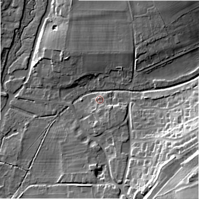 Shaded relief map of the ground around SP49PE, computed from Environment Agency LiDAR. The ground here sits at about 75 m above sea level and falls 28 m across the surrounding 800 m. Surface water reaching this point runs off ground lying to the south, 2.8 m higher.