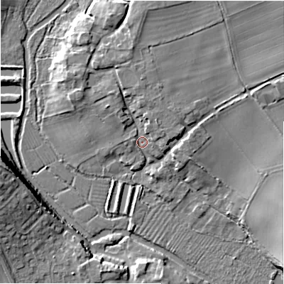 Shaded relief map of the ground around SP49PY, computed from Environment Agency LiDAR. The ground here sits at about 84 m above sea level and falls 15 m across the surrounding 800 m. Surface water reaching this point runs off ground lying to the north, 5.0 m higher.