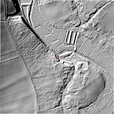 Shaded relief map of the ground around SP49QB, computed from Environment Agency LiDAR. The ground here sits at about 84 m above sea level and falls 27 m across the surrounding 800 m. Surface water reaching this point runs off ground lying to the south-south-west, 5.6 m higher.