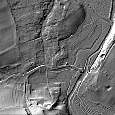 Shaded relief map of the ground around SP49RU, computed from Environment Agency LiDAR. The ground here sits at about 82 m above sea level and falls 22 m across the surrounding 800 m. Surface water reaching this point runs off ground lying to the south-south-west, 1.2 m higher.