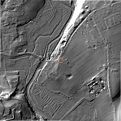 Shaded relief map of the ground around SP49RX, computed from Environment Agency LiDAR. The ground here sits at about 85 m above sea level and falls 36 m across the surrounding 800 m. Surface water reaching this point runs off ground lying to the north-east, 24.7 m higher.