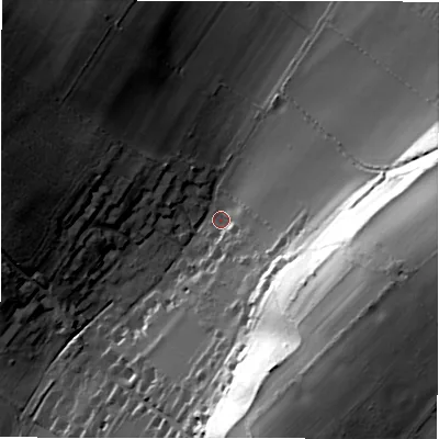 Shaded relief map of the ground around SP51DH, computed from Environment Agency LiDAR. The ground here sits at about 77 m above sea level and falls 53 m across the surrounding 800 m. Surface water reaching this point runs off ground lying to the east-south-east, 52.2 m higher.