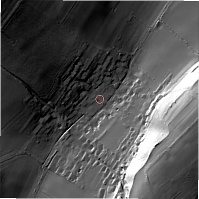 Shaded relief map of the ground around SP51DR, computed from Environment Agency LiDAR. The ground here sits at about 77 m above sea level and falls 51 m across the surrounding 800 m. Surface water reaching this point runs off ground lying to the east-south-east, 49.5 m higher.