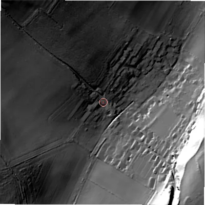 Shaded relief map of the ground around SP51DT, computed from Environment Agency LiDAR. The ground here sits at about 80 m above sea level and falls 50 m across the surrounding 800 m. Surface water reaching this point runs off ground lying to the north-west, 35.6 m higher.