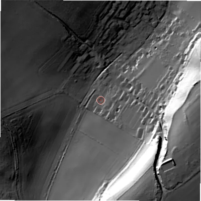Shaded relief map of the ground around SP51EF, computed from Environment Agency LiDAR. The ground here sits at about 77 m above sea level and falls 53 m across the surrounding 800 m. Surface water reaching this point runs off ground lying to the south-east, 49.0 m higher.