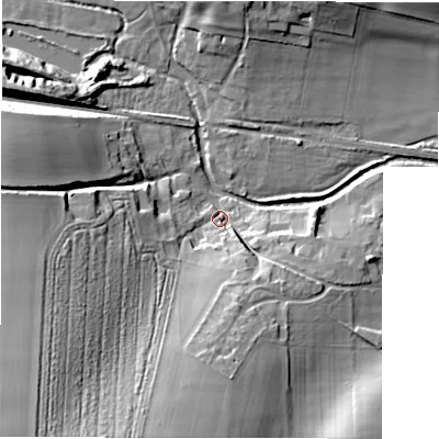 Shaded relief map of the ground around SP51JA, computed from Environment Agency LiDAR. The ground here sits at about 40 m above sea level and falls 32 m across the surrounding 800 m. Surface water reaching this point runs off ground lying to the south-west, 28.0 m higher.