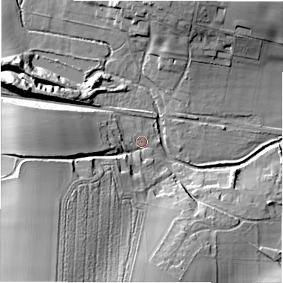 Shaded relief map of the ground around SP51JB, computed from Environment Agency LiDAR. The ground here sits at about 39 m above sea level and falls 28 m across the surrounding 800 m. Surface water reaching this point runs off ground lying to the south-west, 26.1 m higher.